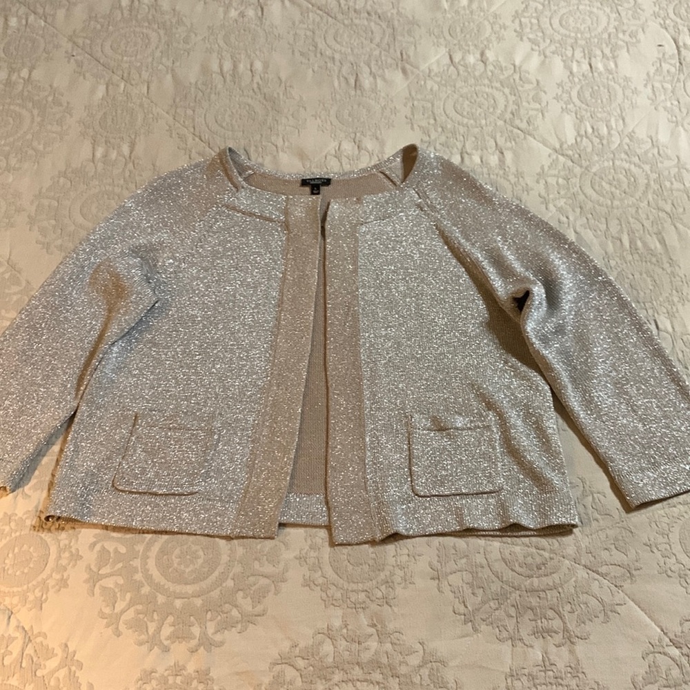 Talbots short gold luxe bottom metallic cardigan with small pockets